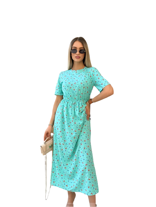 Bright Aqua Midi Dress with Floral Print and Short Sleeves