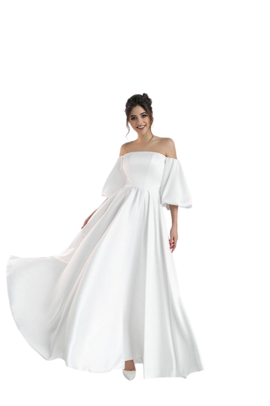 Elegant Off-Shoulder Premium Satin Bridal Dress with Puff Sleeves