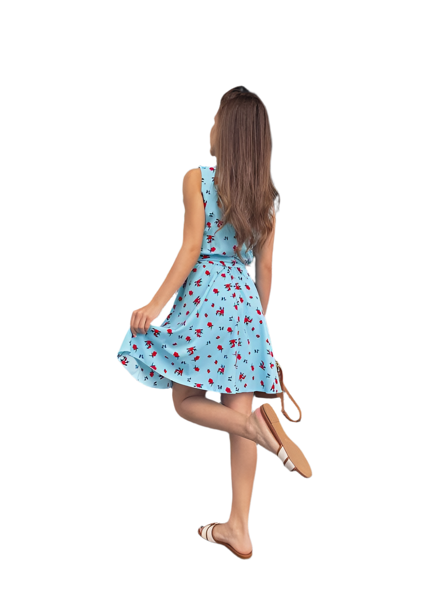 Lightweight Blue Summer Dress with Elastic Waist and Belt