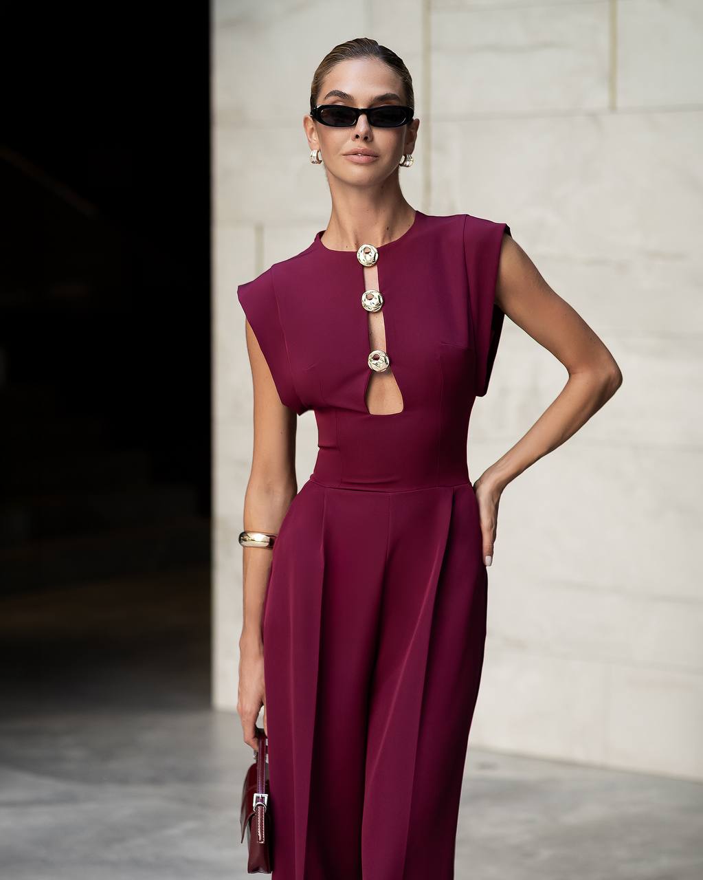 Womens Tailored Wide Leg Jumpsuit with Keyhole Neckline