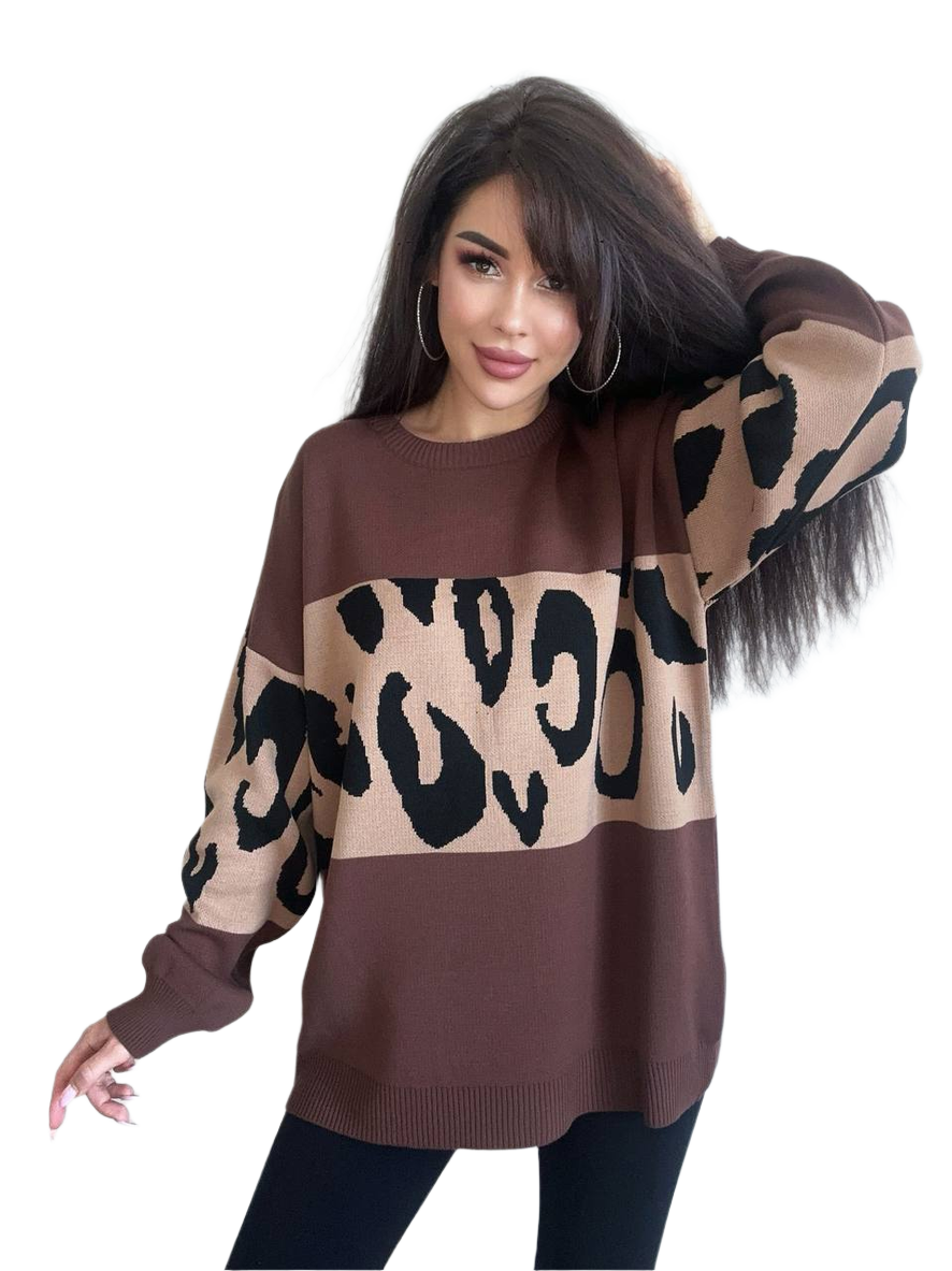 Womens Fine Knitted Leon Sweater Brown Black Pattern