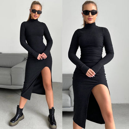 Woman wearing a black dress with a high slit in two different poses.