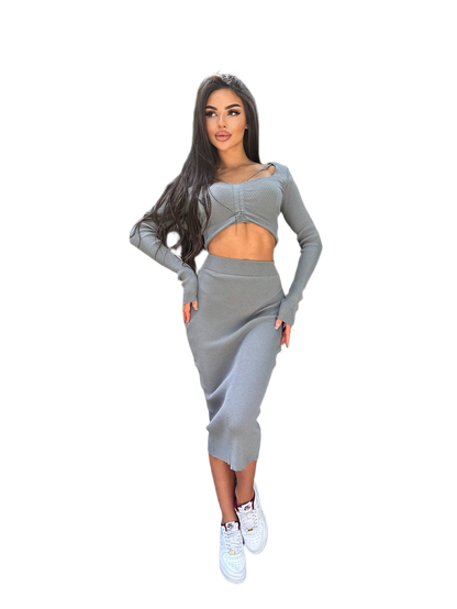 Womens Knitted Ribbed Two-Piece Suit Top and Skirt Set