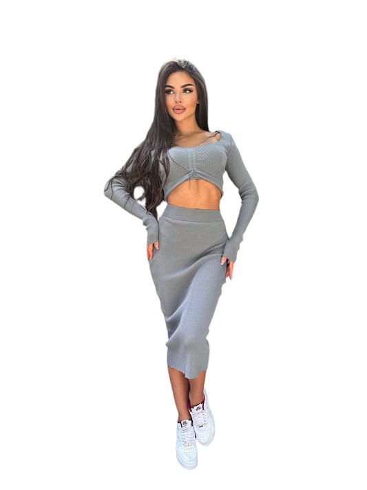 Womens Knitted Ribbed Two-Piece Suit Top and Skirt Set