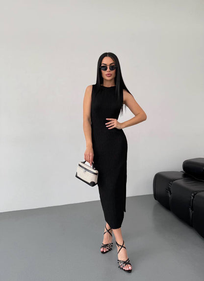 Greta Black Sleeveless Midi Dress with Side Slit for Women