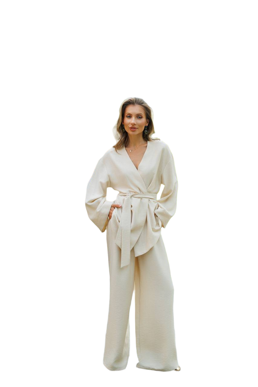 Boho Linen Wide Leg Pants and Belted Top Set for Women