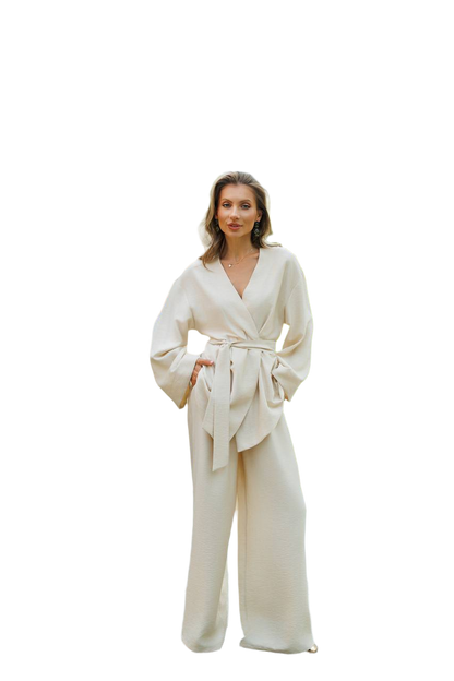 Boho Linen Wide Leg Pants and Belted Top Set for Women