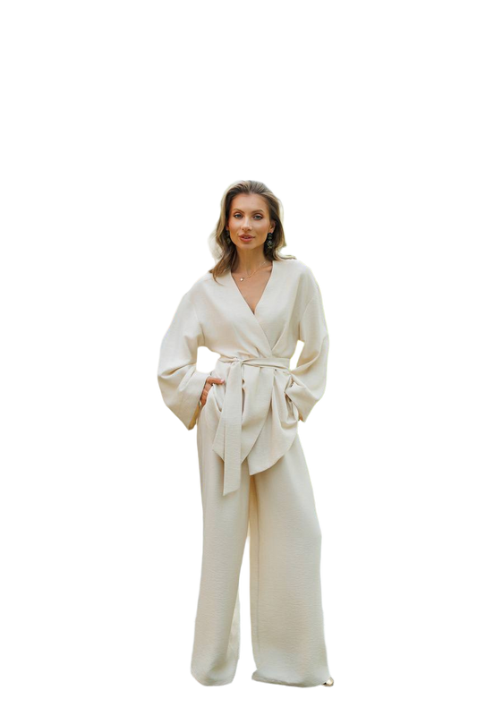 Boho Linen Wide Leg Pants and Belted Top Set for Women