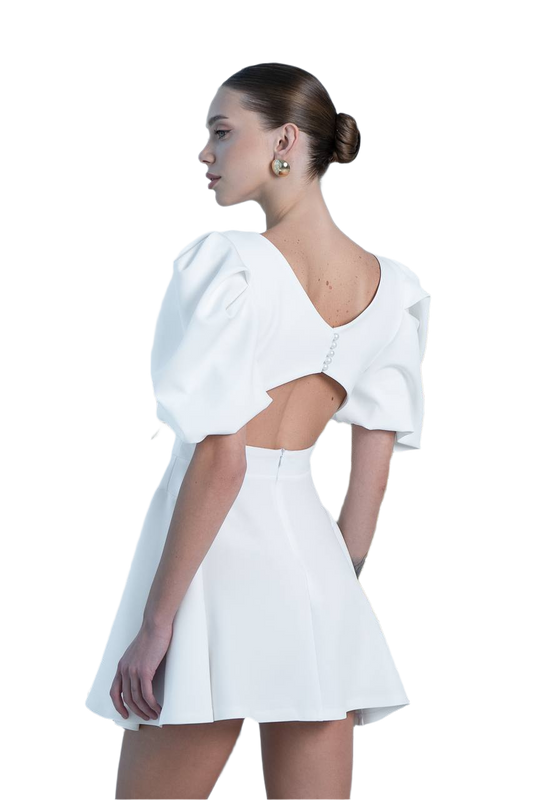 Elegant White Diagonal Crepe Dress with Puff Sleeves and Cutout Back