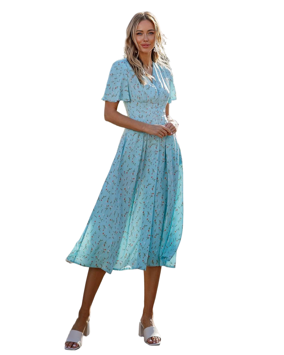 Floral Printed Staple Fabric Midi Dress with Slit in Light Blue