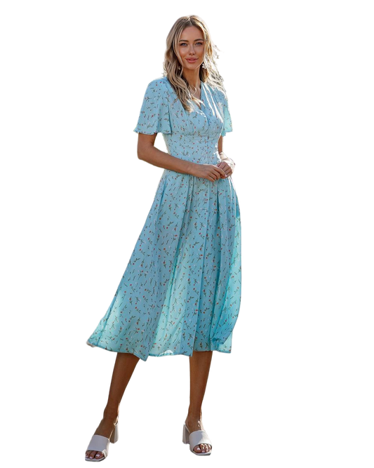 Floral Printed Staple Fabric Midi Dress with Slit in Light Blue