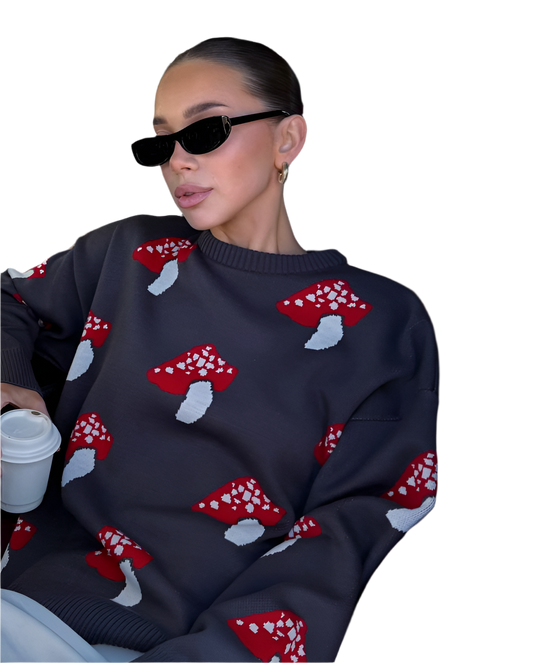 Womens Mushroom Print Jumper with Round Neck and Ribbed Cuffs
