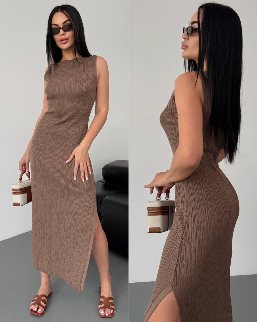 Woman wearing a brown ribbed dress with a slit, holding a small bag.