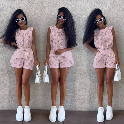 Three identical images of a woman wearing a pink floral outfit against a neutral background