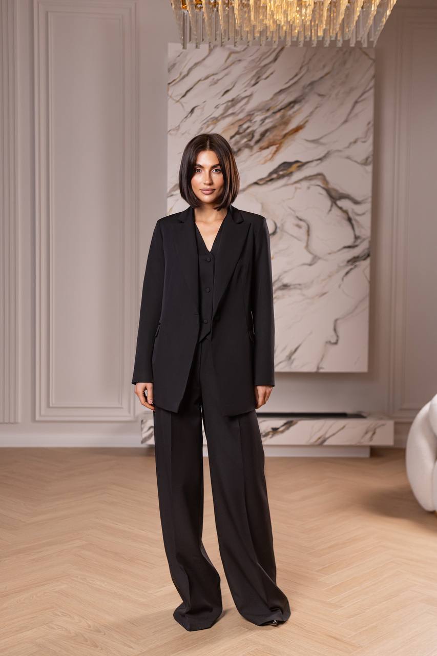 Black Women's Three Piece Suit Diagonal Crepe Lined Vest Jacket Trousers
