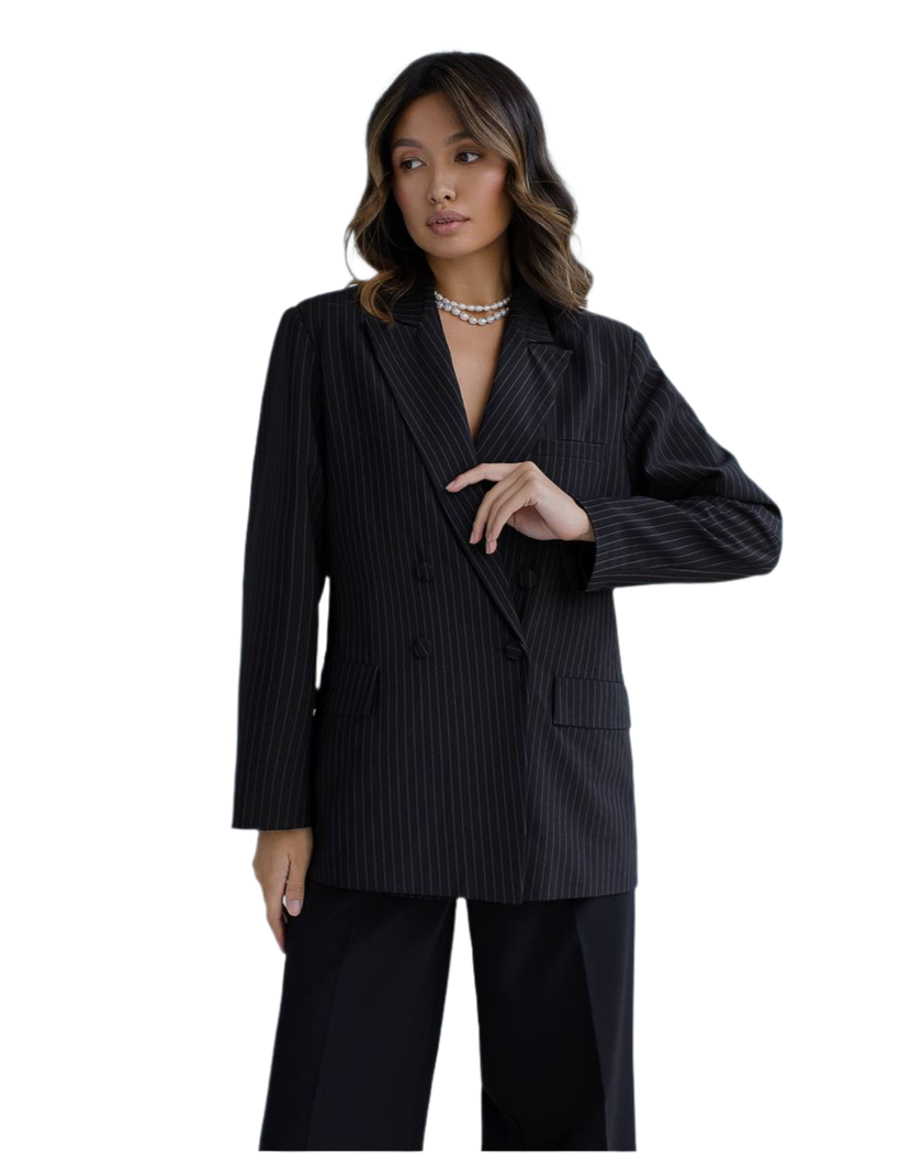 Womens Premium Black Striped Suit Diagonal Crepe Jacket