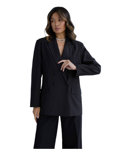 Womens Premium Black Striped Suit Diagonal Crepe Jacket