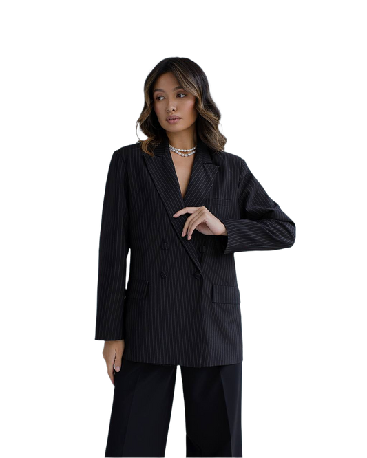 Womens Premium Black Striped Suit Diagonal Crepe Jacket