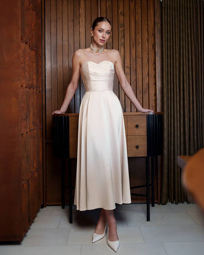 Elegant Premium Dense Satin Strapless Midi Dress for Women