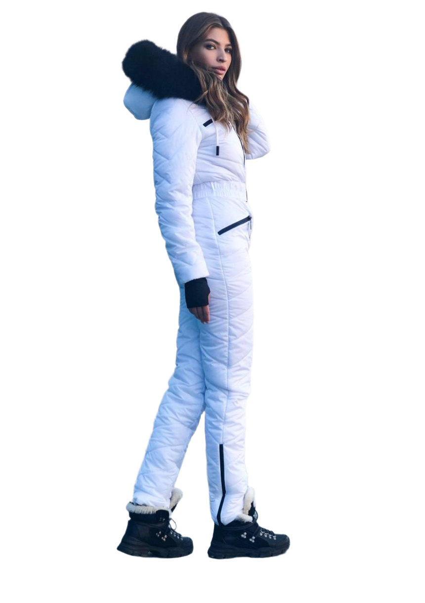 Person wearing a white puffer suit with black accents on a white background