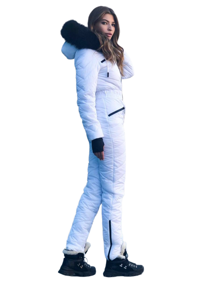 Person wearing a white puffer suit with black accents on a white background