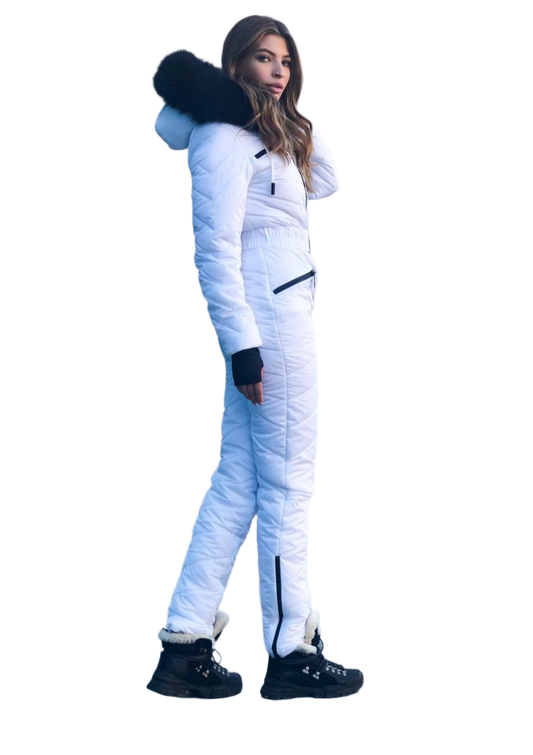 Insulated Women's Ski Jumpsuit with Natural Black Fox Fur Hood Trim and Water-Repellent Fabric