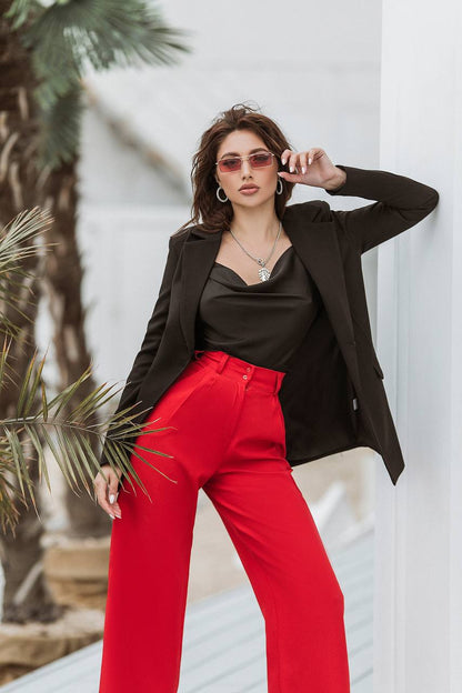 Women's High Waist Wide Leg Trousers in Suiting Crepe Diagonal Fabric