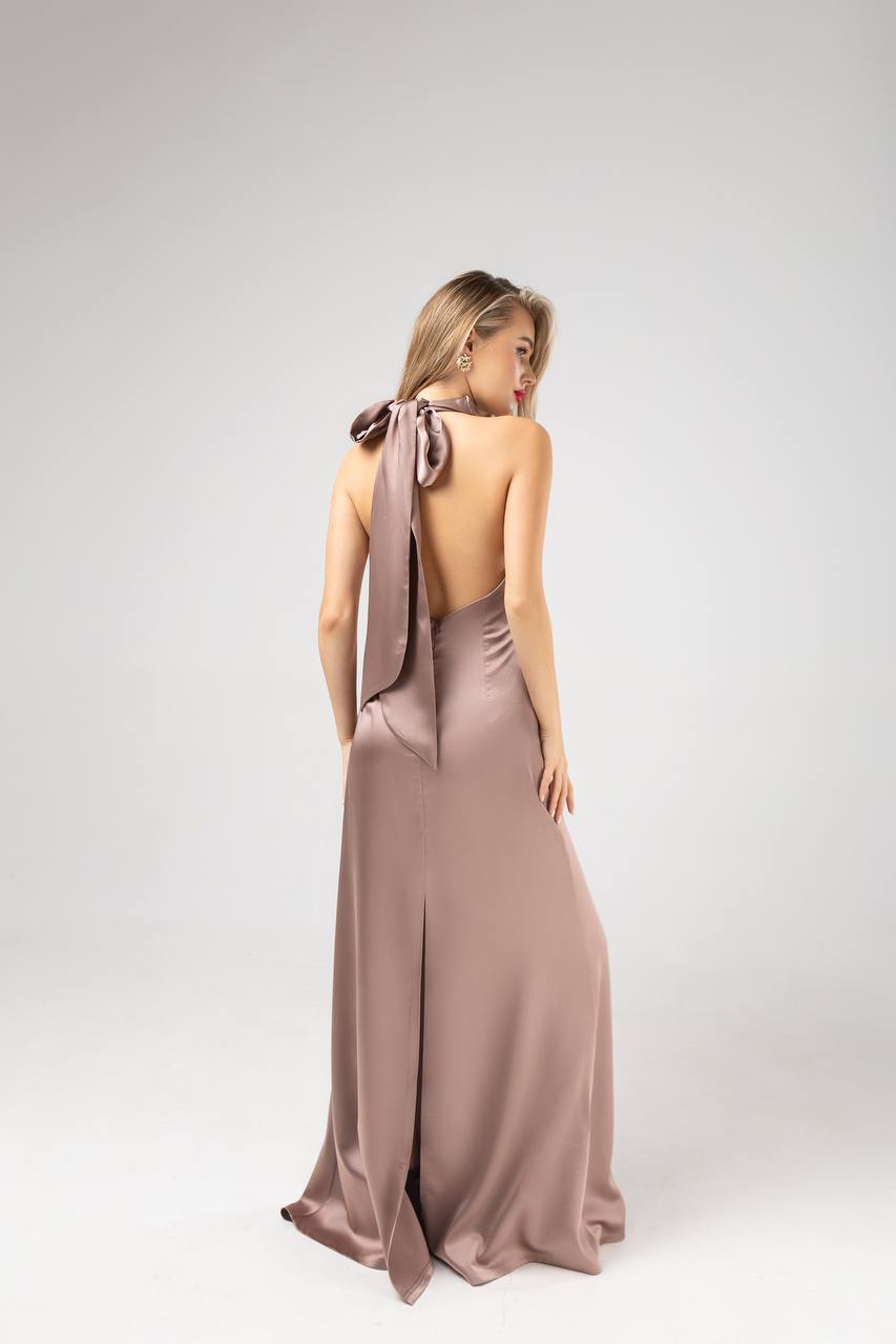 Woman wearing a long, elegant dress with a bow detail on a white background