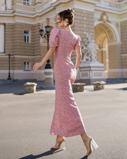 Women Floral Print Midi Dress with Puff Sleeves