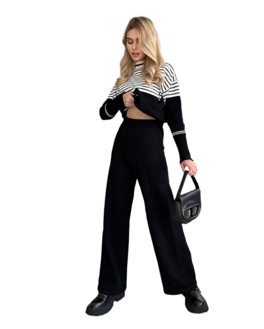 Womens Fine Knit Suit Black and White Striped Pullover and Pants