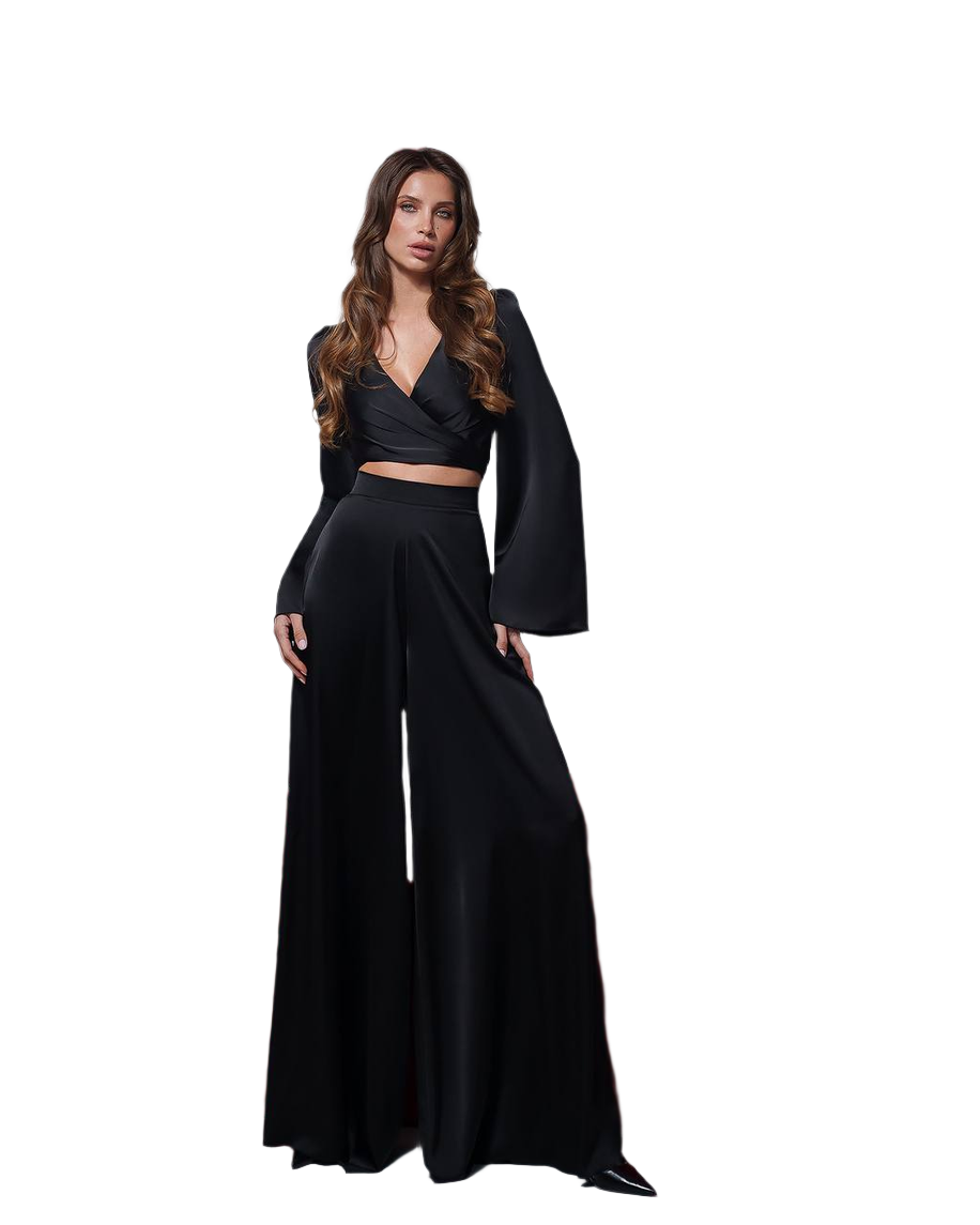 Elegant Women Suit Set with Wide Leg Satin Pants and Wrap Top