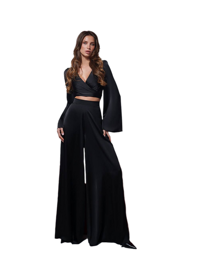 Elegant Women Suit Set with Wide Leg Satin Pants and Wrap Top