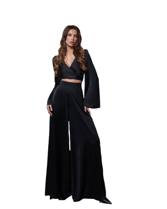 Elegant Women Suit Set with Wide Leg Satin Pants and Wrap Top