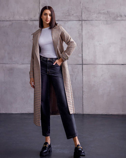 Womens Turkish Fabric Houndstooth Pattern Long Coat with Belt