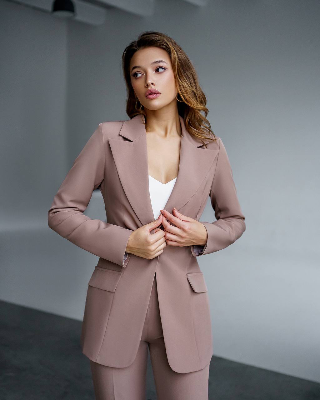 Elegant Womens Suit Jacket and Trousers Set in Soft Brown Crepe Diagonal