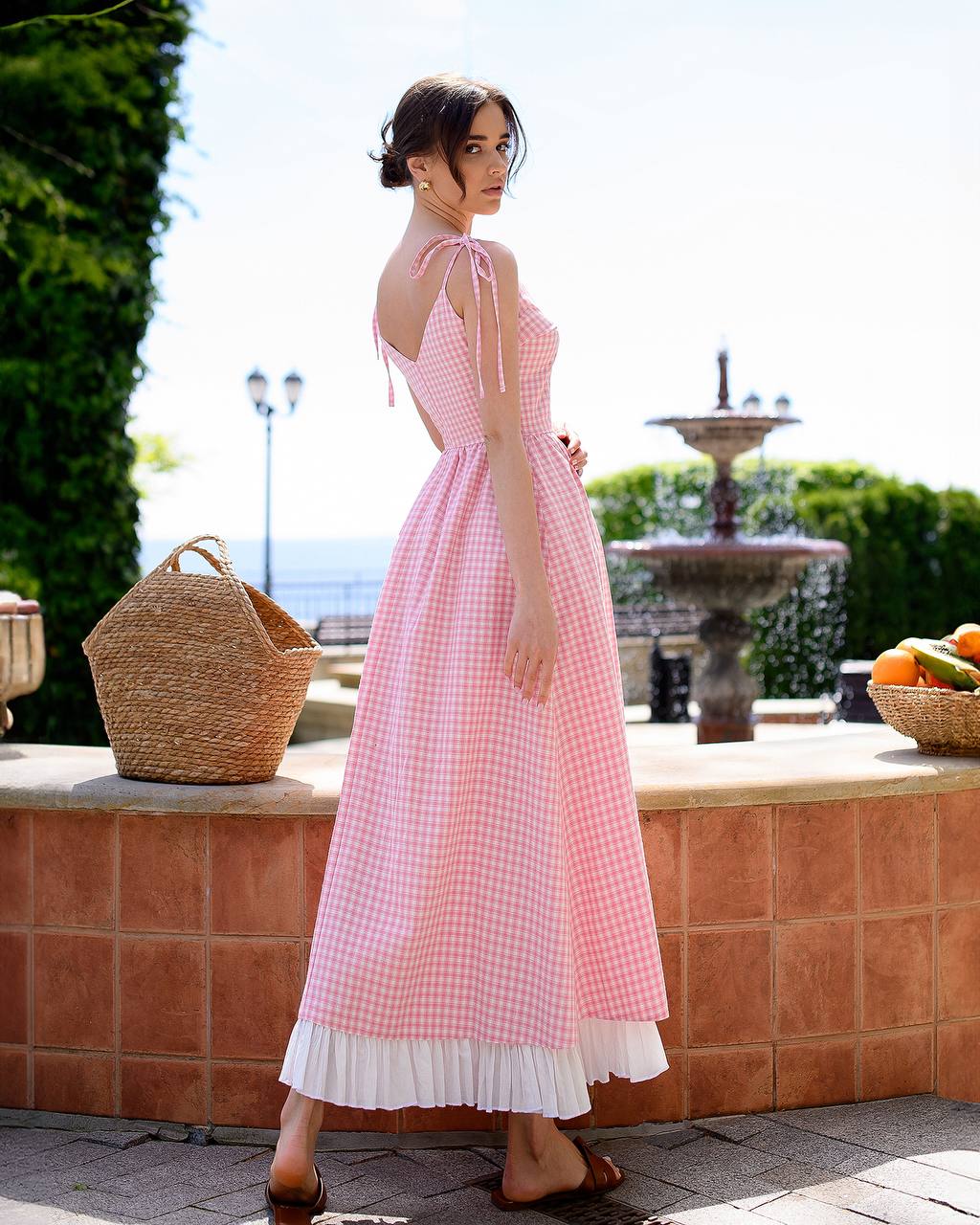 Pink Checked Cotton Sundress with Crinkled Batiste Lining for Women