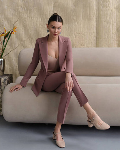Brown Women Jacket Pants Suit Pantsuit Chic Oficial interview Elegant Cocktail Prom Graduation