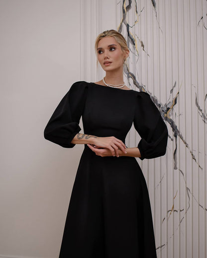 Elegant Midi Dress with Puff Sleeves and Cutout Back in Black