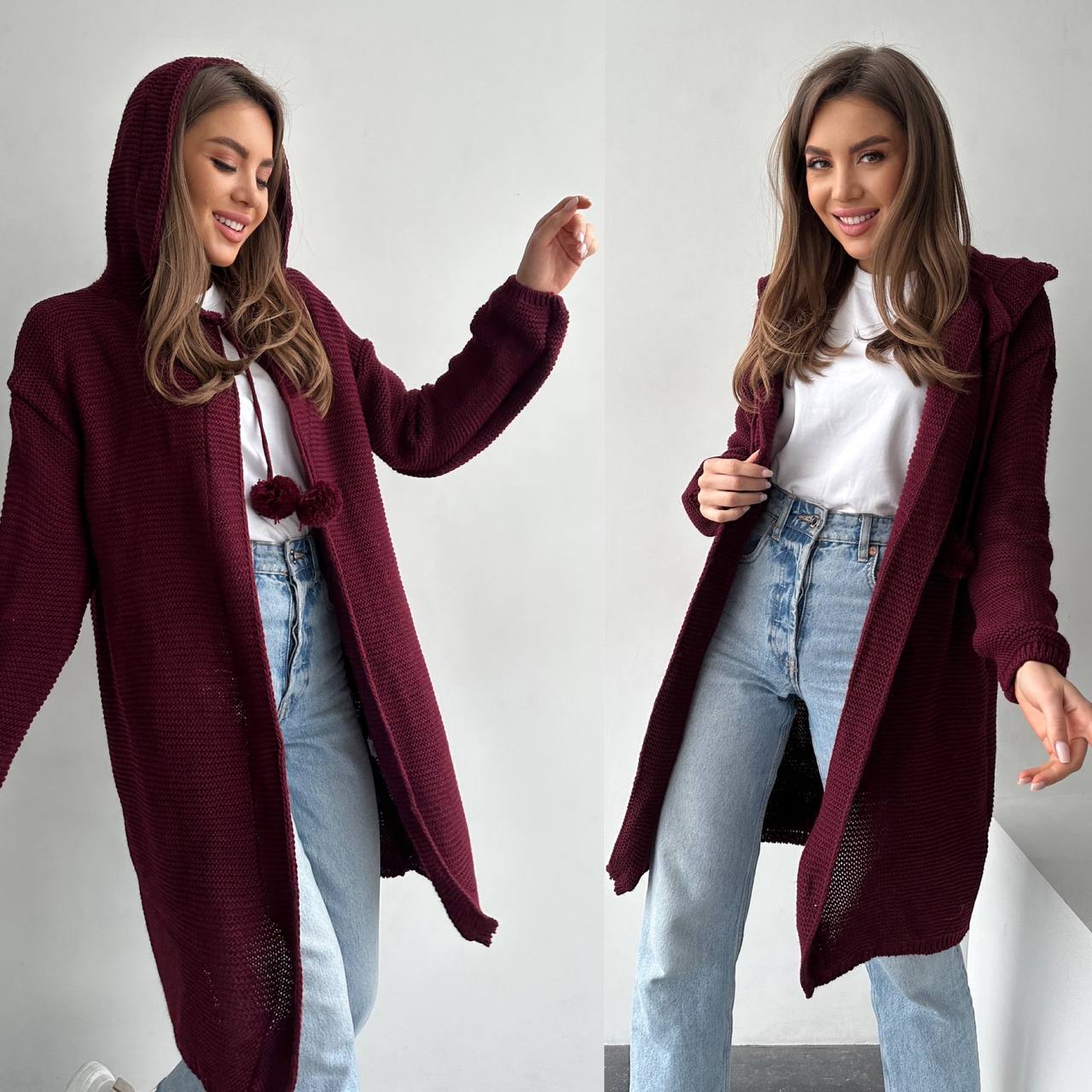 Two images of a woman wearing a burgundy cardigan with a hood against a white background.