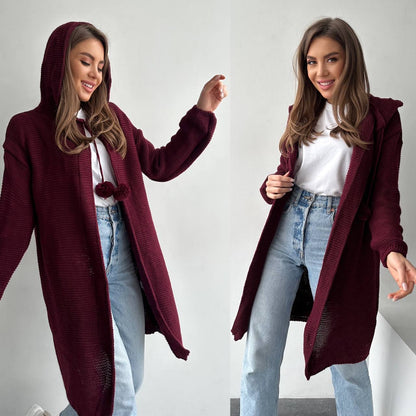 Two images of a woman wearing a burgundy cardigan with a hood against a white background.