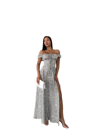 Women Off Shoulder Cotton Maxi Dress with Animal Print and Side Slit