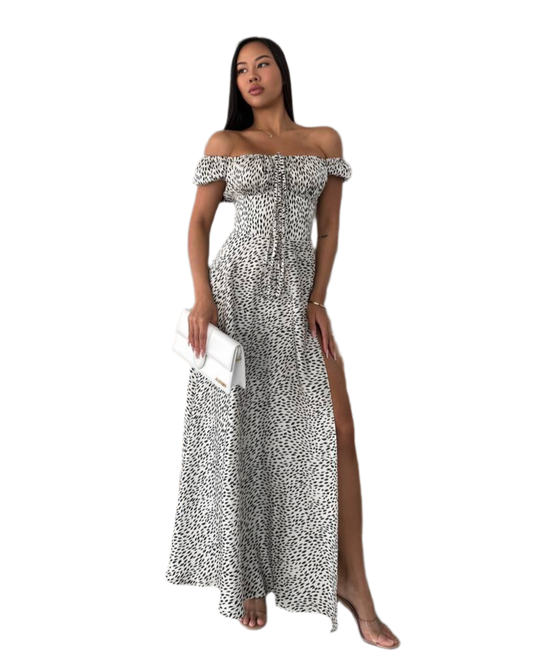 Women Off Shoulder Cotton Maxi Dress with Animal Print and Side Slit