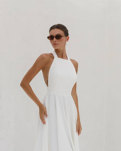 Elegant White Midi Dress for Women Premium Crepe Diagonal Fabric