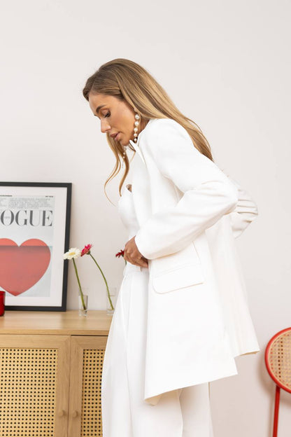 White Palazzo Suit Diagonal Crepe Womens Pantsuit with Premium Lining