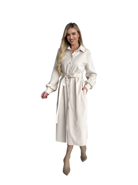 Beige Long Sleeve Belted Microvelvet Midi Dress