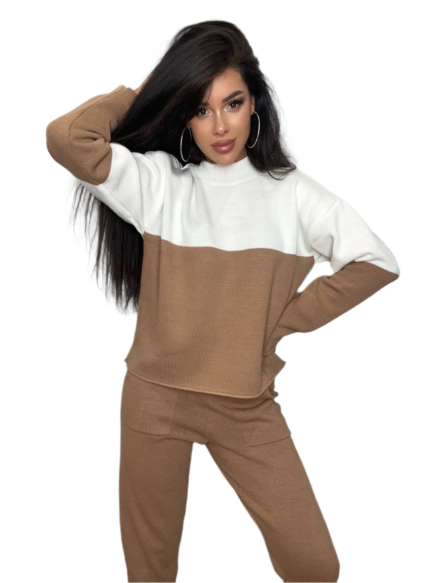 Woman wearing a brown and white outfit on a white background