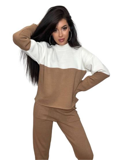 Woman wearing a brown and white outfit on a white background