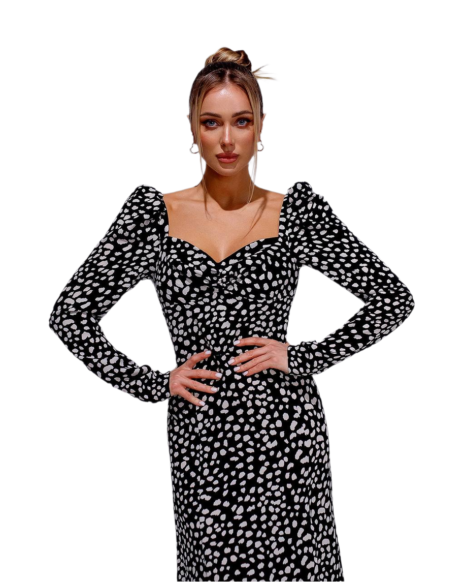 Black and Cream Stain Print Dress with Long Sleeves and Side Slit