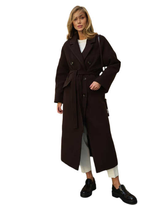 Womens Long Dark Brown Coat Button Belted Elegant Winter Outerwear