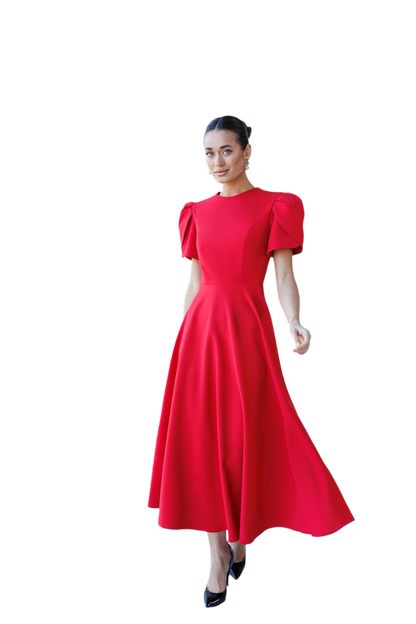 Elegant Red Midi Dress with Puff Sleeves for Women